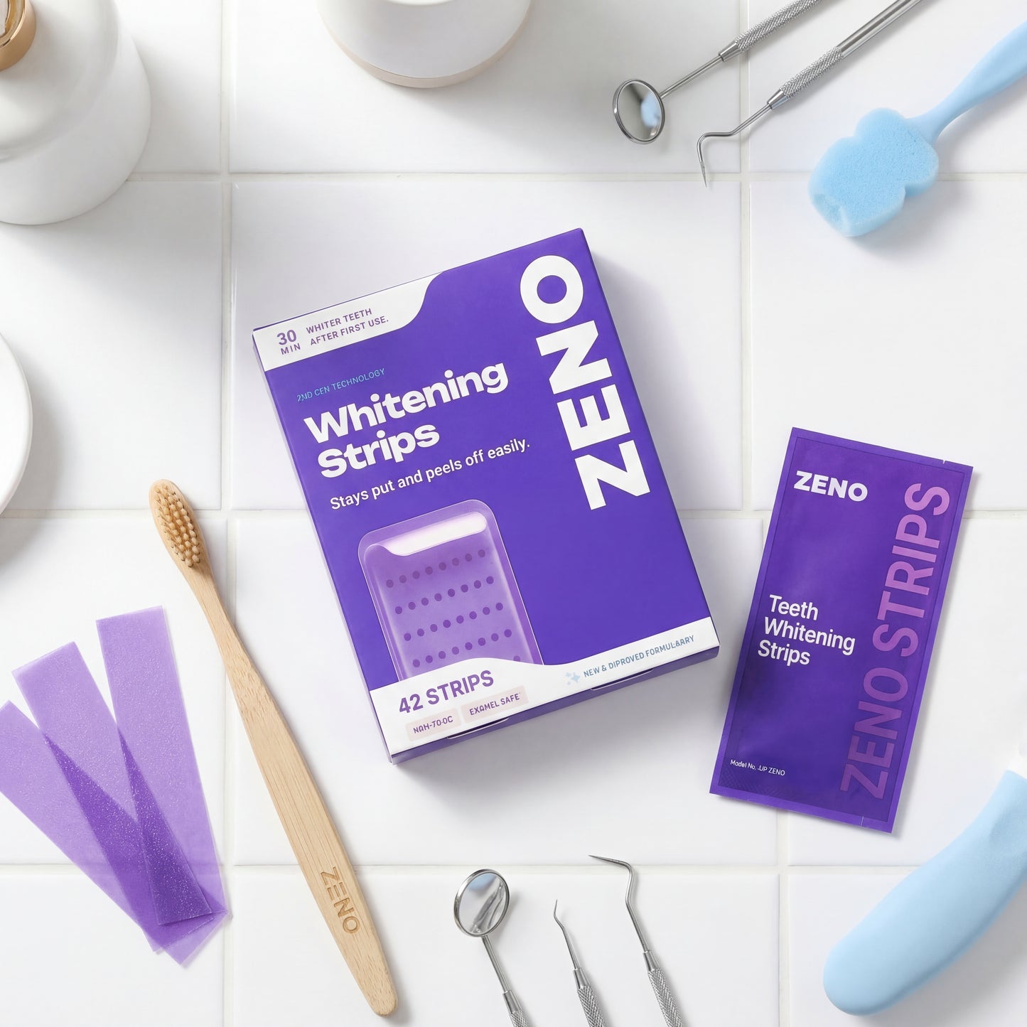 Purple Color-Correcting Teeth Whitening Strips — Enamel Safe, Peroxide-Free, No Sensitivity